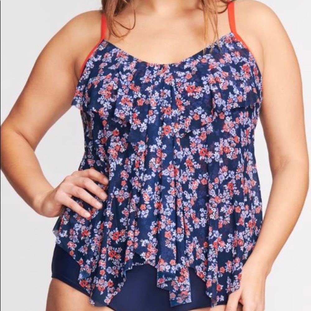 Navy Floral Drape-Tier Tankini Top - Plus